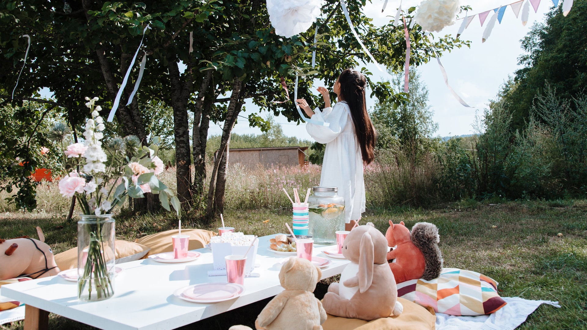 A Girl in White Dress at a Picnic Party.
Garden party setup with DIY celebration ideas, printable party templates, and outdoor event styling inspiration by My DIY Event.