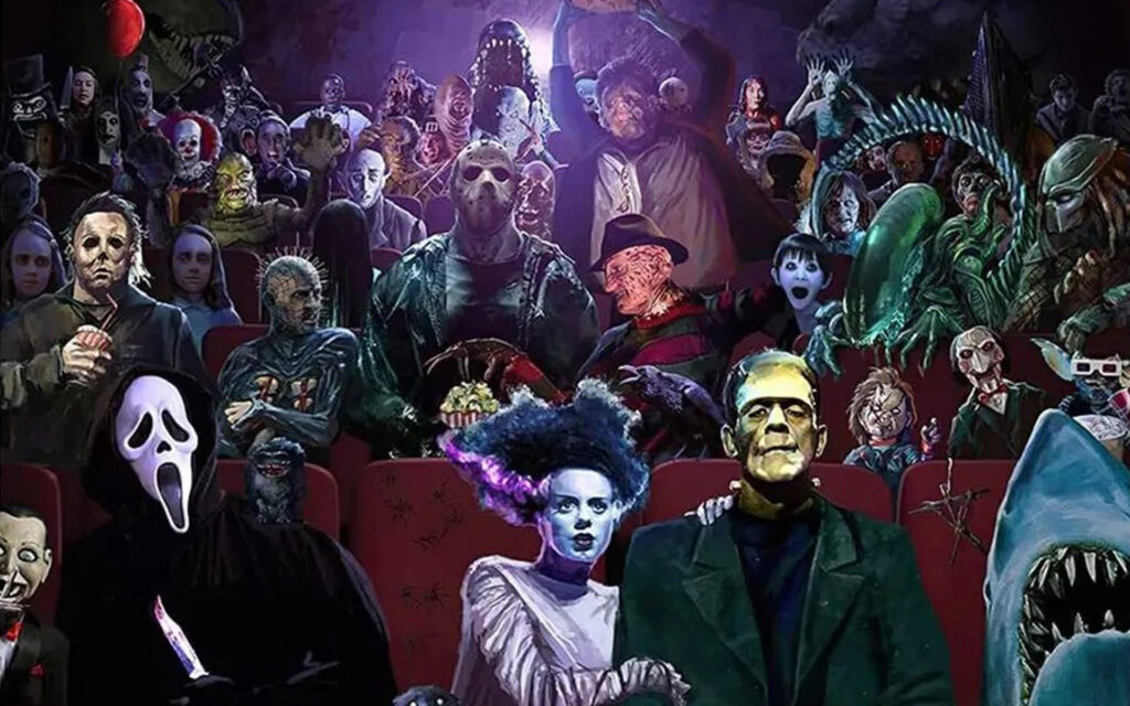 Collage of iconic horror movie characters seated in a theater