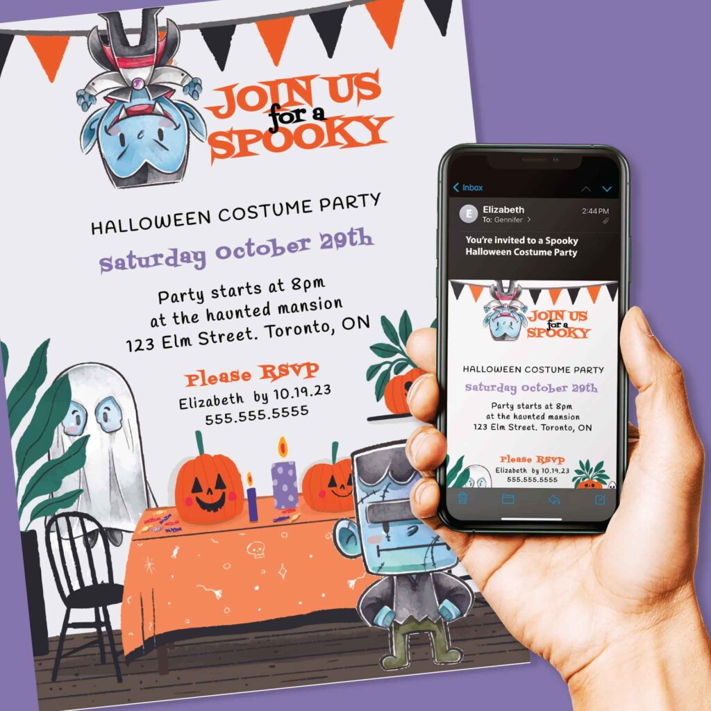 Editable kids Halloween costume party invitation template featuring cute cartoon characters and festive decorations.