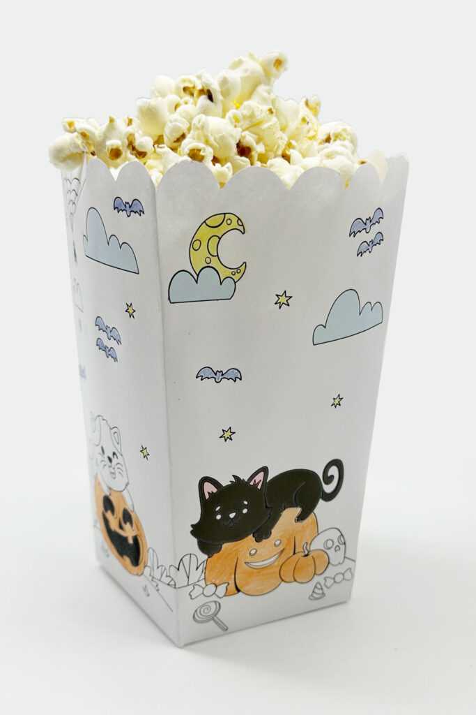 Free Halloween Cat themed Colouring Popcorn Box DIY Template