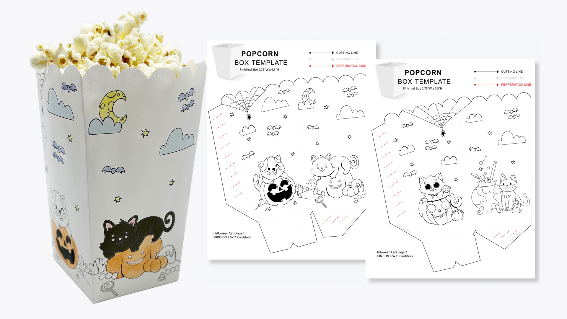 Free Halloween Cat themed Colouring Popcorn Box DIY Template