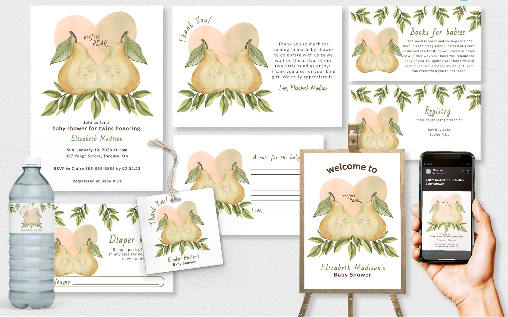 Perfect Pear Twin Baby Shower Editable Templates.
Printable baby shower welcome sign and invitation bundle for backyard baby shower celebrations